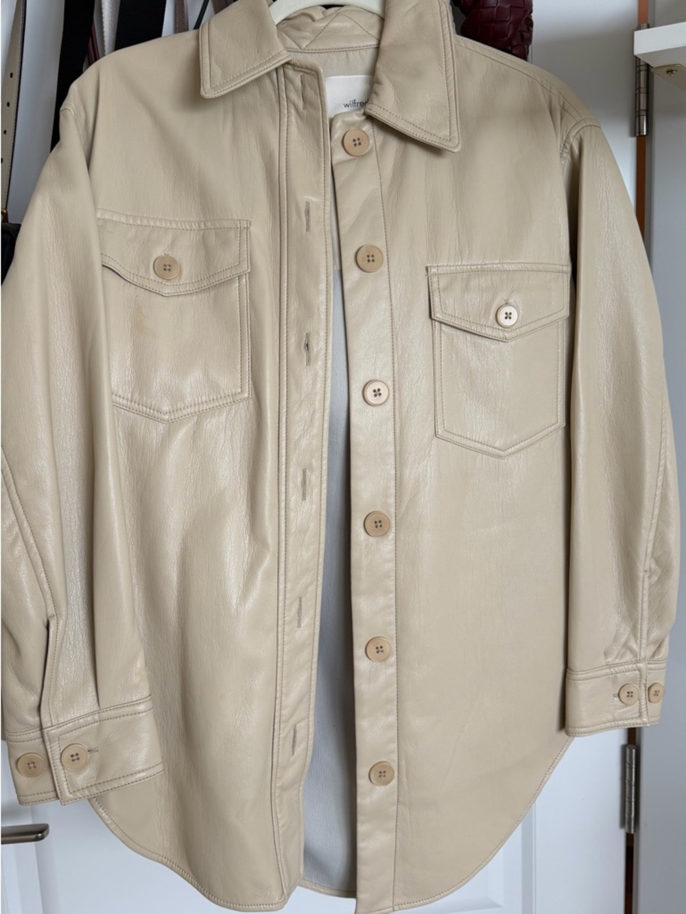 Aritzia Beige Leather Button-Up Shacket